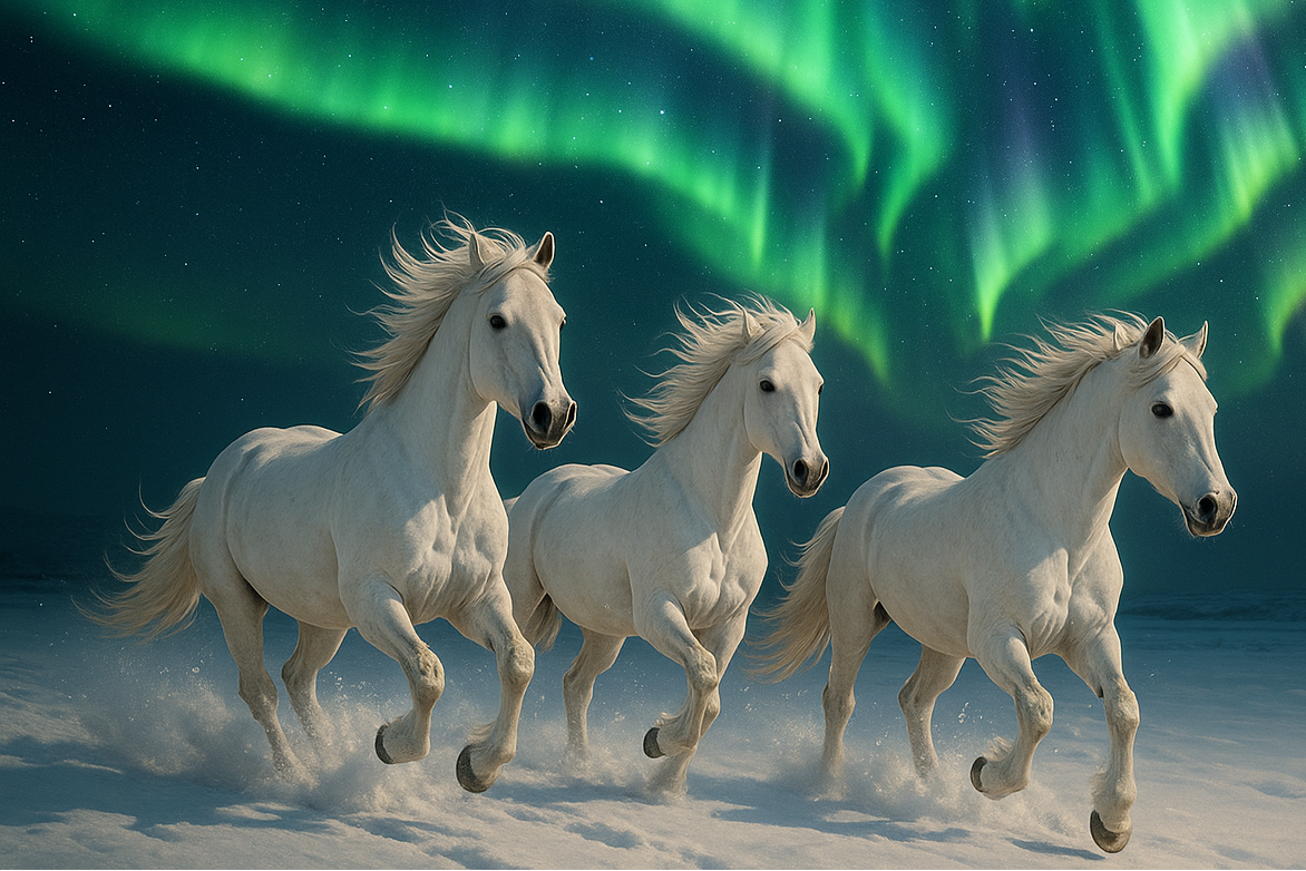 white horses cantering in the northern lights